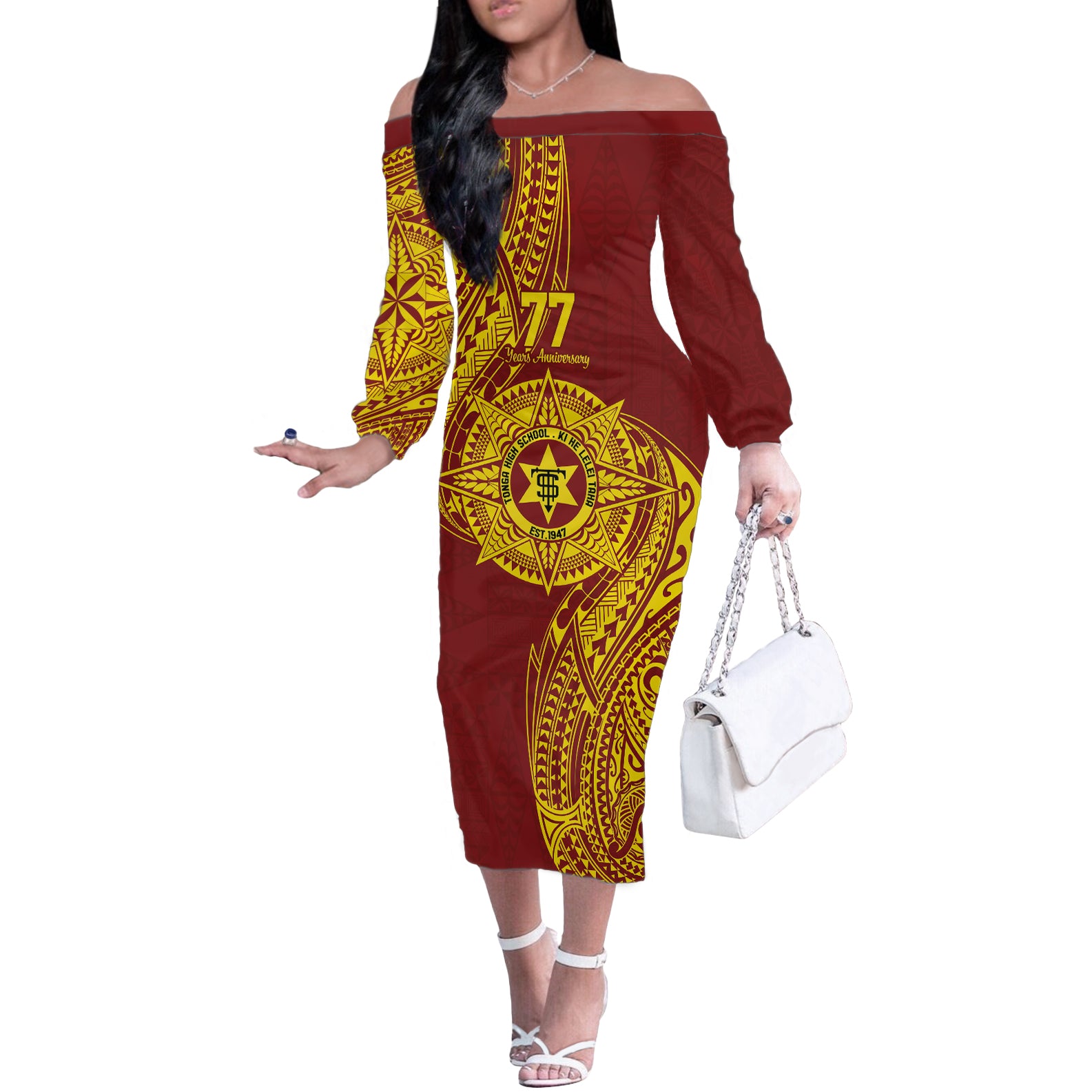 Personalised Tonga High School 77th Anniversary Off The Shoulder Long Sleeve Dress Special Kupesi Pattern