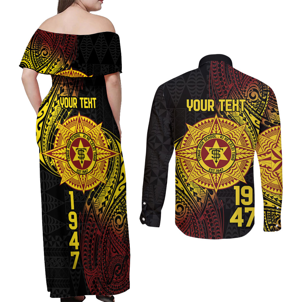 Personalised Tonga High School Couples Matching Off Shoulder Maxi Dress and Long Sleeve Button Shirt Since 1947 Special Kupesi Pattern