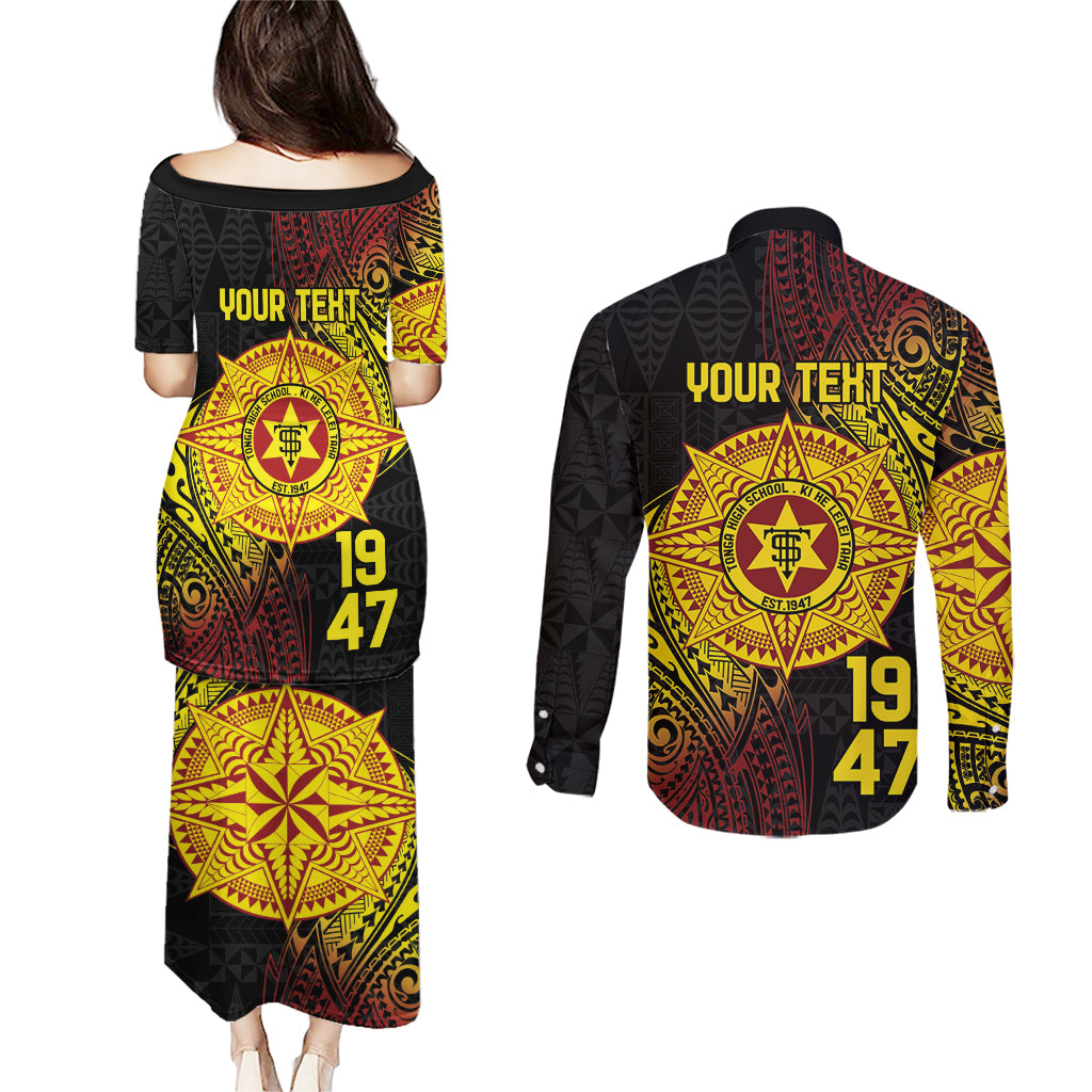 Personalised Tonga High School Couples Matching Puletasi and Long Sleeve Button Shirt Since 1947 Special Kupesi Pattern