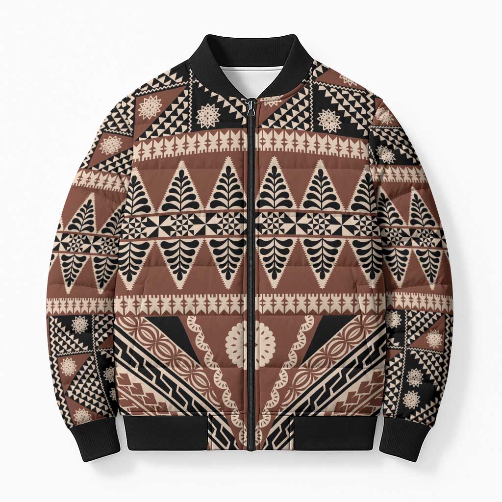 Vintage Bula Fiji Bomber Puffer Jacket Brown Tapa Masi Motif - Polynesian Pride