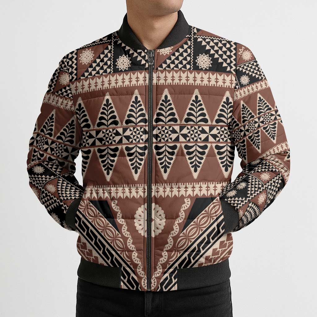 Vintage Bula Fiji Bomber Puffer Jacket Brown Tapa Masi Motif - Polynesian Pride
