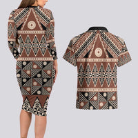 Vintage Bula Fiji Couples Matching Long Sleeve Bodycon Dress and Hawaiian Shirt Brown Tapa Masi Motif