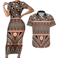 Vintage Bula Fiji Couples Matching Short Sleeve Bodycon Dress and Hawaiian Shirt Brown Tapa Masi Motif