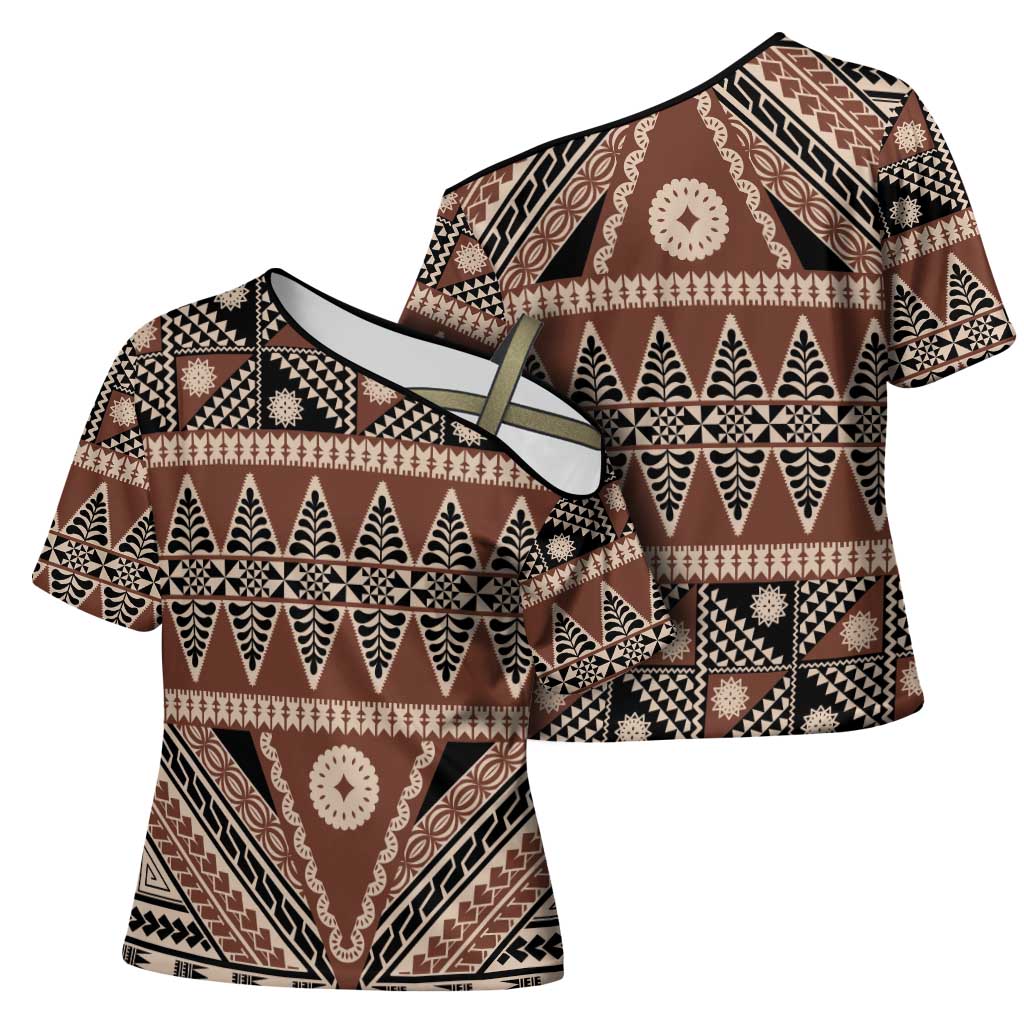 Vintage Bula Fiji Cross Shoulder Shirt Brown Tapa Masi Motif - Polynesian Pride