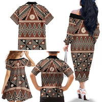 Vintage Bula Fiji Family Matching Off The Shoulder Long Sleeve Dress and Hawaiian Shirt Brown Tapa Masi Motif