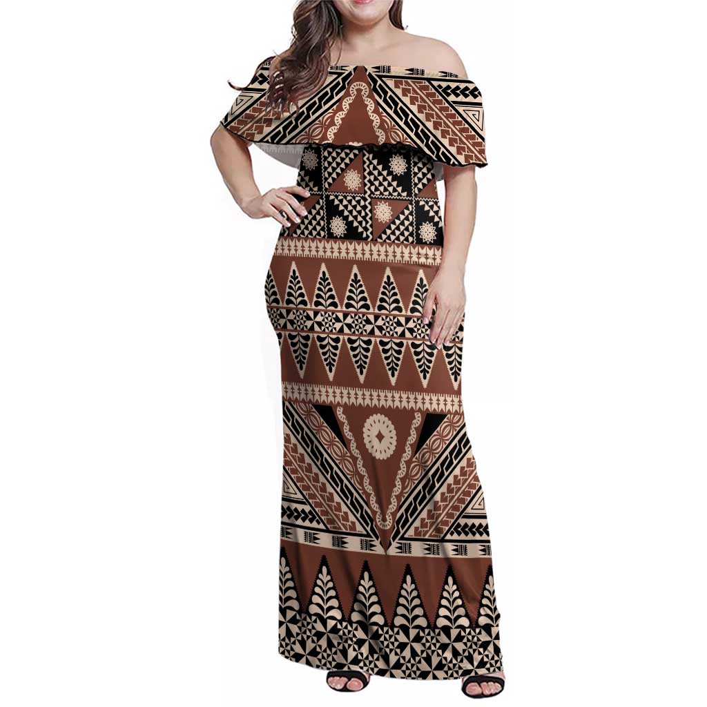 Vintage Bula Fiji Family Matching Off Shoulder Maxi Dress and Hawaiian Shirt Brown Tapa Masi Motif