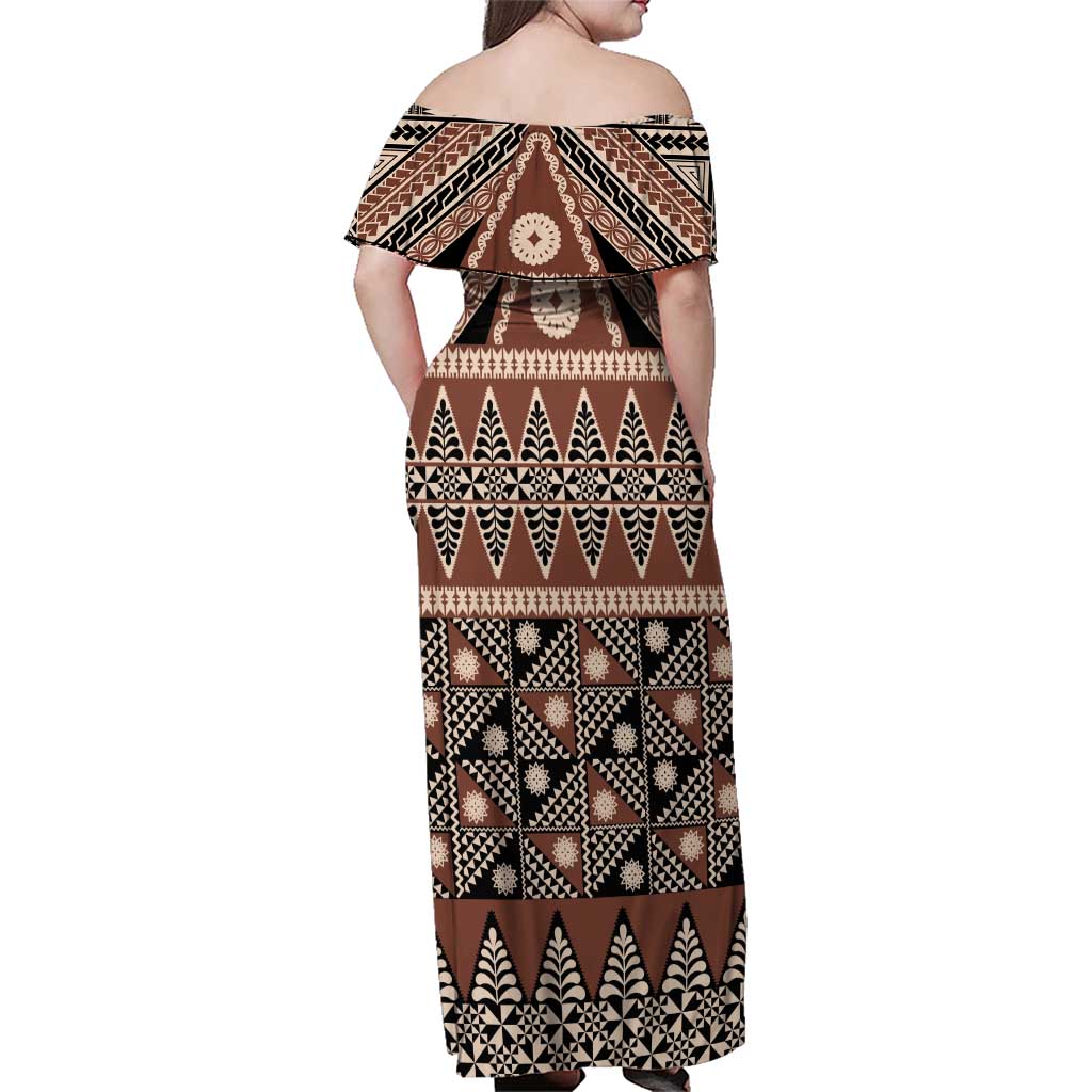 Vintage Bula Fiji Family Matching Off Shoulder Maxi Dress and Hawaiian Shirt Brown Tapa Masi Motif