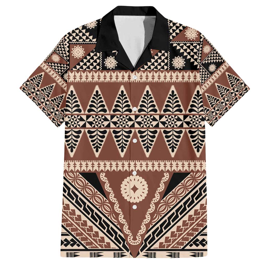 Vintage Bula Fiji Family Matching Off Shoulder Short Dress and Hawaiian Shirt Brown Tapa Masi Motif