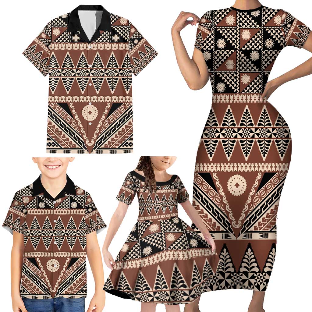 Vintage Bula Fiji Family Matching Short Sleeve Bodycon Dress and Hawaiian Shirt Brown Tapa Masi Motif