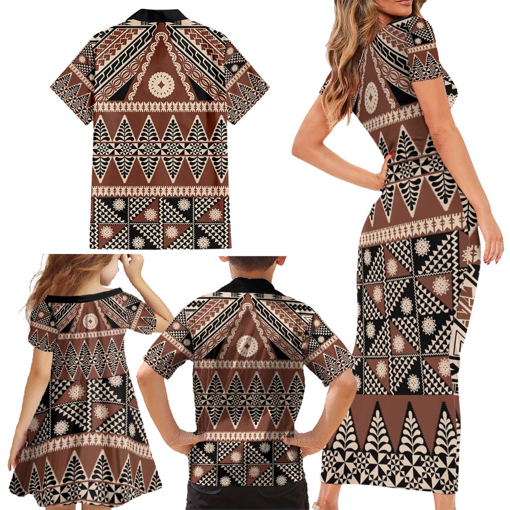 Vintage Bula Fiji Family Matching Short Sleeve Bodycon Dress and Hawaiian Shirt Brown Tapa Masi Motif