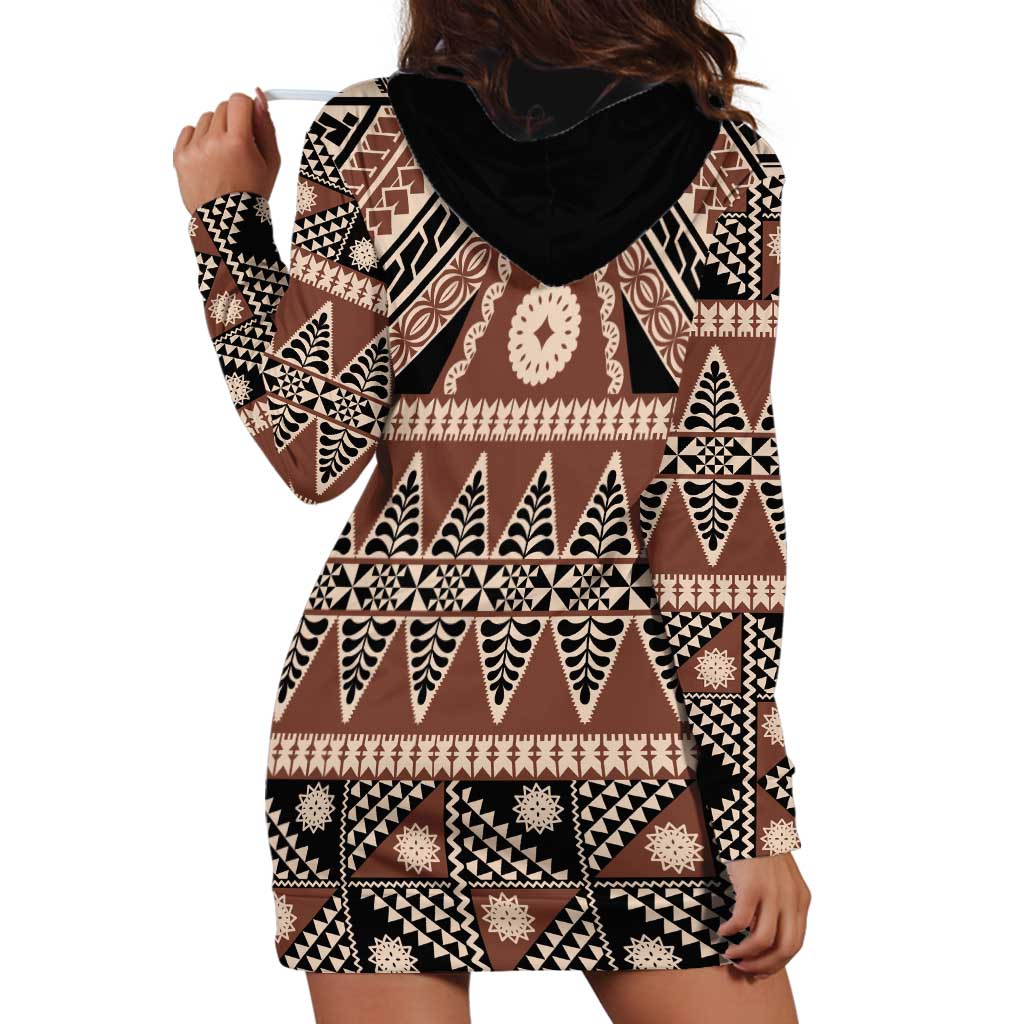 Vintage Bula Fiji Hoodie Dress Brown Tapa Masi Motif LT9 - Polynesian Pride