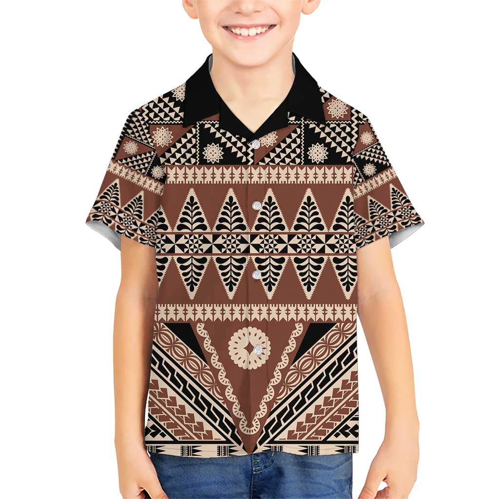 Vintage Bula Fiji Kid Hawaiian Shirt Brown Tapa Masi Motif