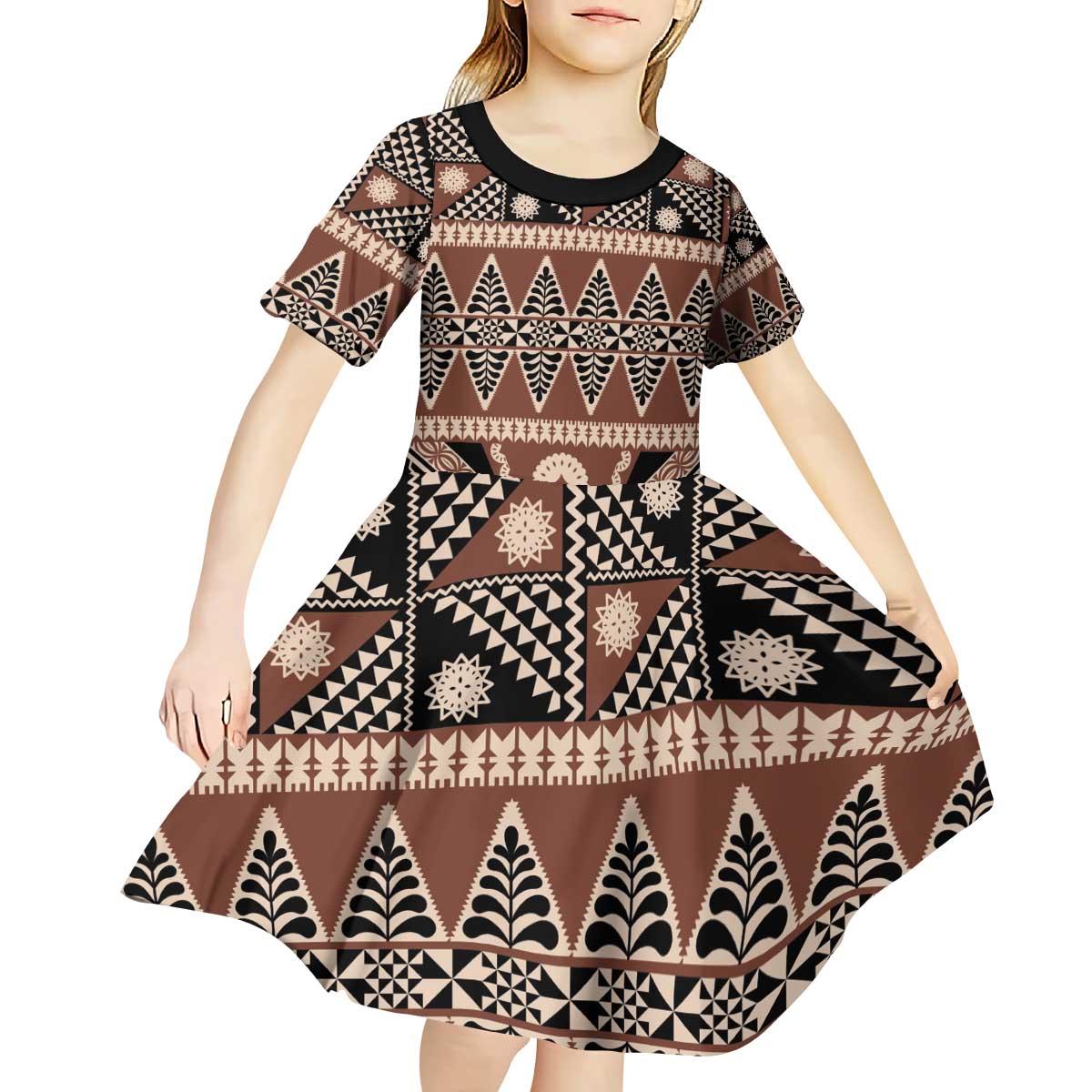 Vintage Bula Fiji Kid Short Sleeve Dress Brown Tapa Masi Motif