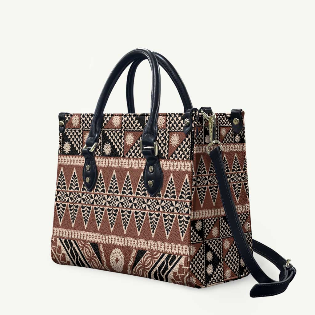 Vintage Bula Fiji Leather Bag Brown Tapa Masi Motif - Polynesian Pride