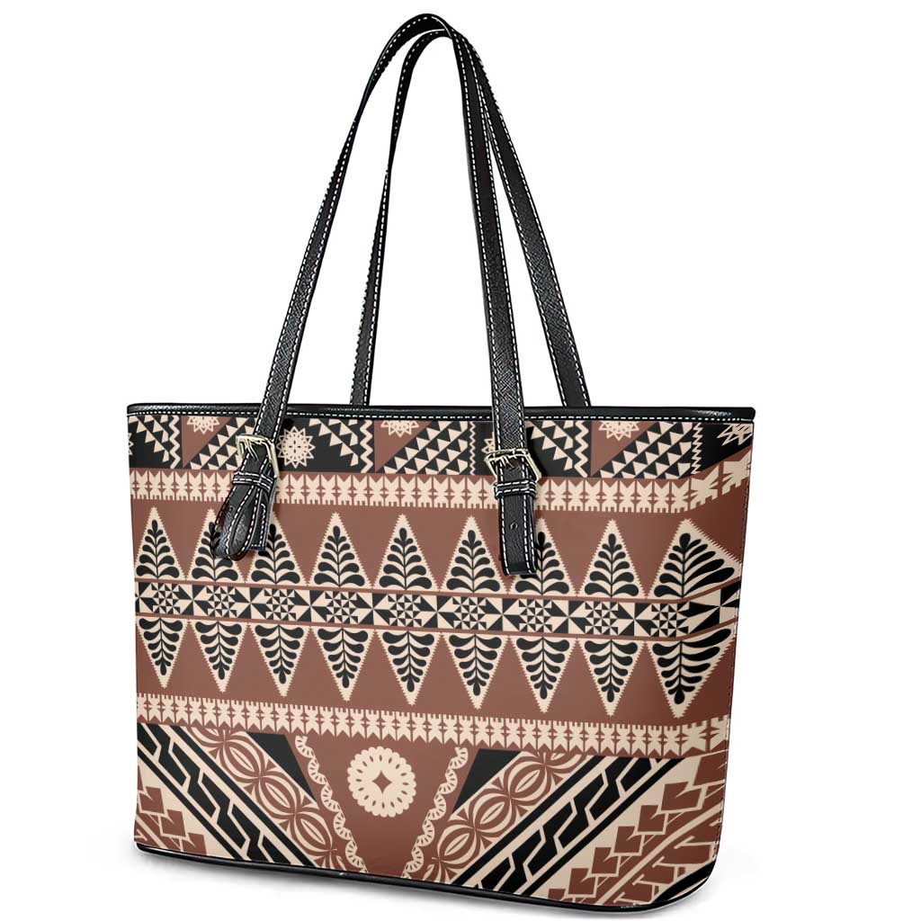 Vintage Bula Fiji Leather Tote Bag Brown Tapa Masi Motif