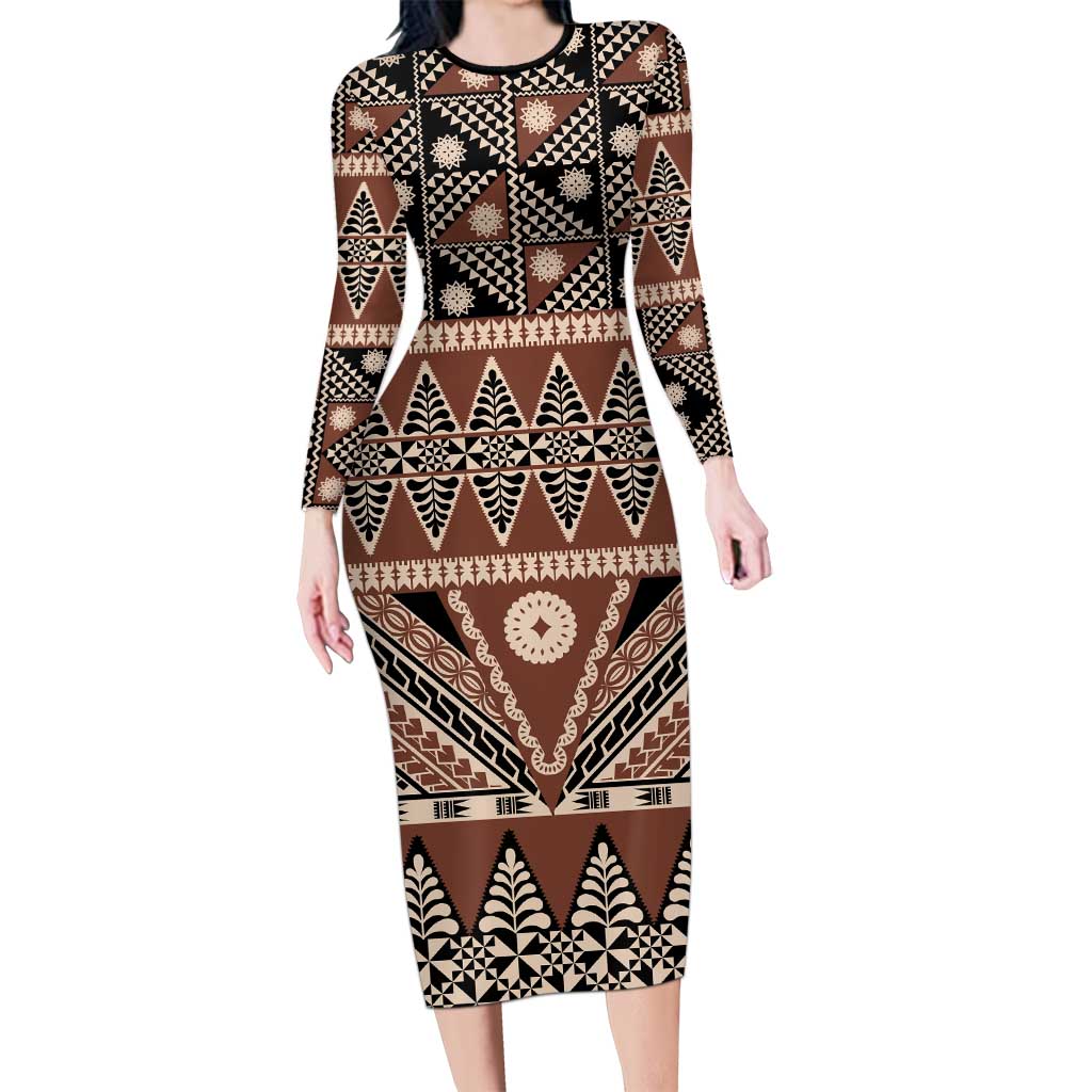 Vintage Bula Fiji Long Sleeve Bodycon Dress Brown Tapa Masi Motif