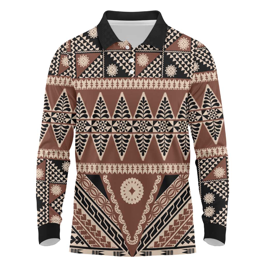 Vintage Bula Fiji Long Sleeve Polo Shirt Brown Tapa Masi Motif