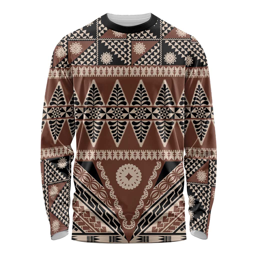 Vintage Bula Fiji Long Sleeve Shirt Brown Tapa Masi Motif