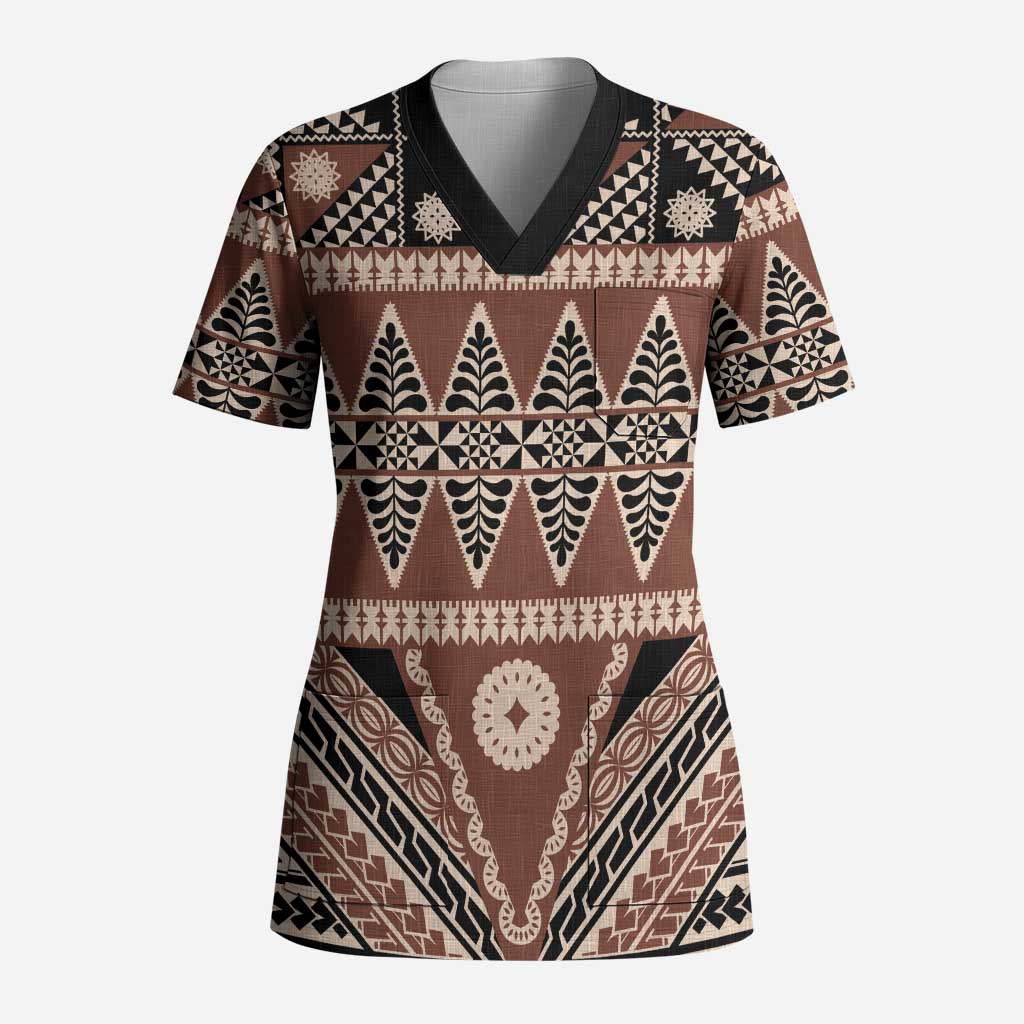Vintage Bula Fiji Scrub Top Brown Tapa Masi Motif - Polynesian Pride