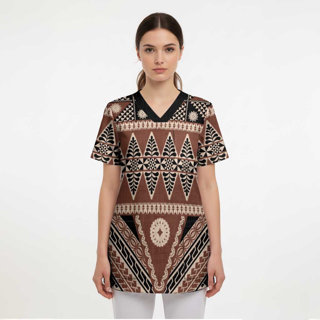 Vintage Bula Fiji Scrub Top Brown Tapa Masi Motif - Polynesian Pride