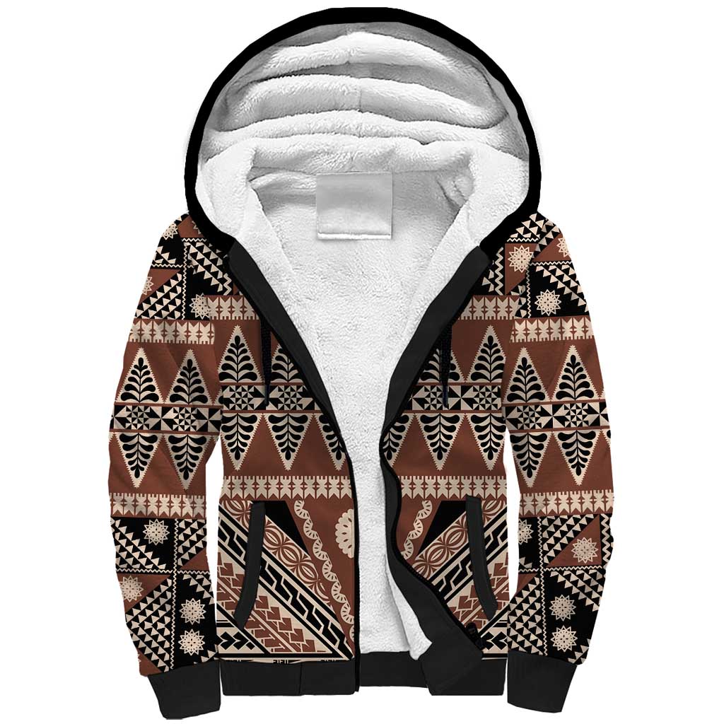 Vintage Bula Fiji Sherpa Hoodie Brown Tapa Masi Motif LT9 Unisex Brown - Polynesian Pride