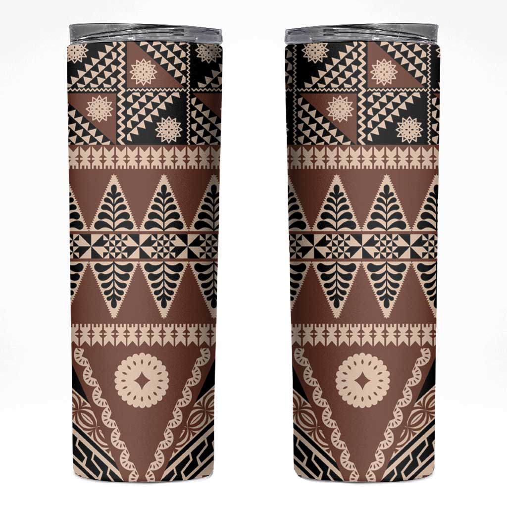 Vintage Bula Fiji Skinny Tumbler Brown Tapa Masi Motif LT9 Brown - Polynesian Pride