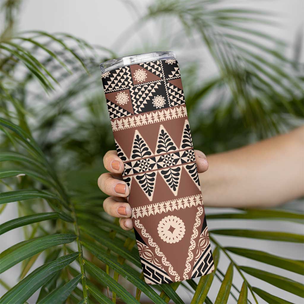 Vintage Bula Fiji Skinny Tumbler Brown Tapa Masi Motif LT9 - Polynesian Pride