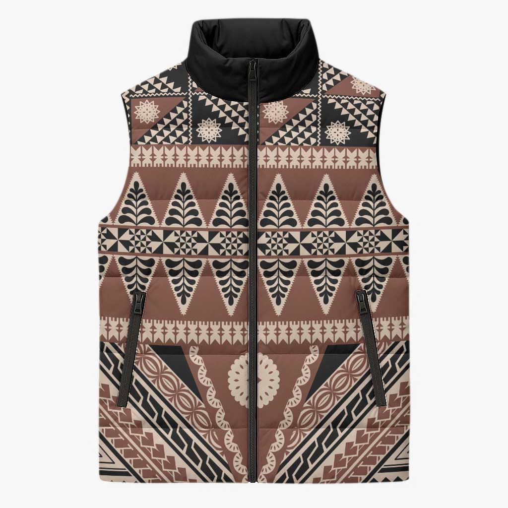 Vintage Bula Fiji Sleeveless Puffer Jacket Brown Tapa Masi Motif - Polynesian Pride
