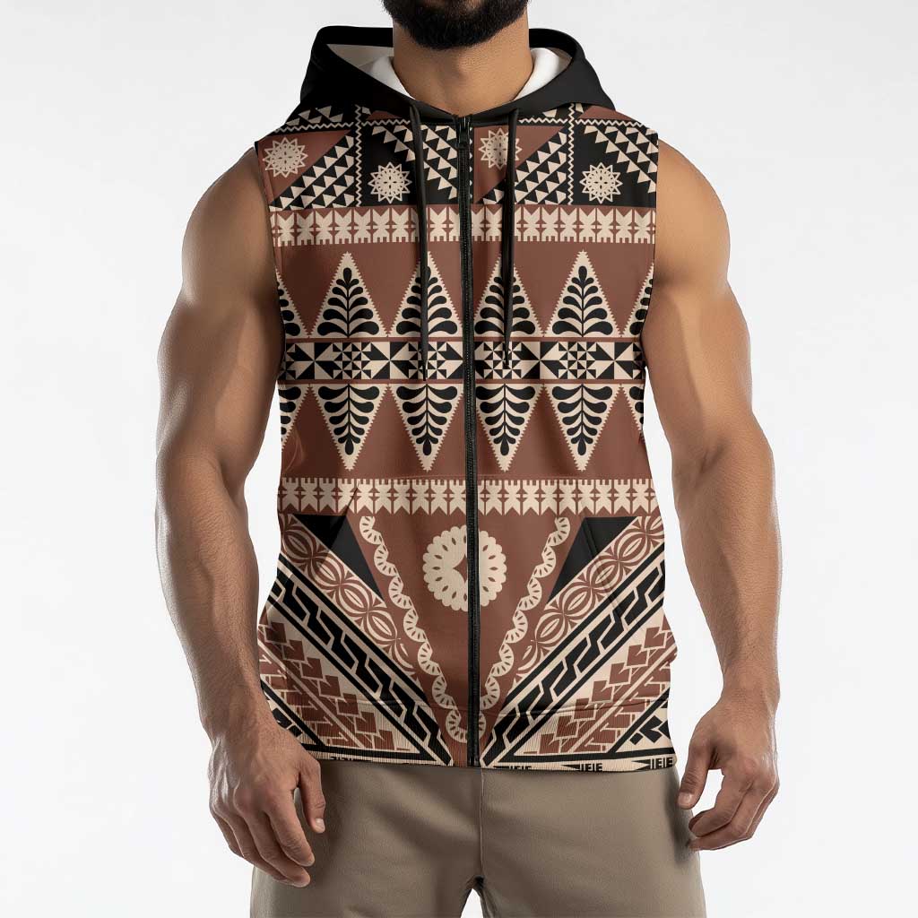 Vintage Bula Fiji Sleeveless Zip Hoodie Brown Tapa Masi Motif LT9 - Polynesian Pride