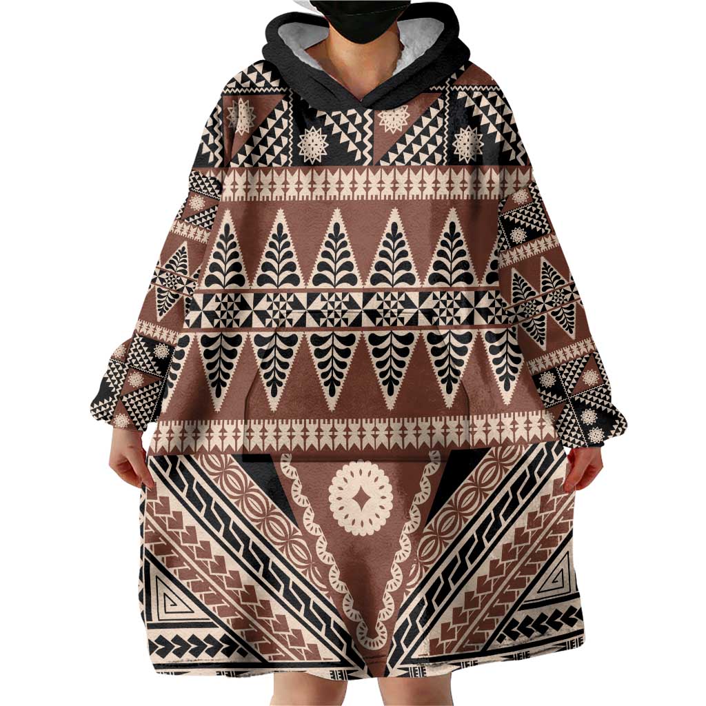 Vintage Bula Fiji Wearable Blanket Hoodie Brown Tapa Masi Motif LT9 - Polynesian Pride