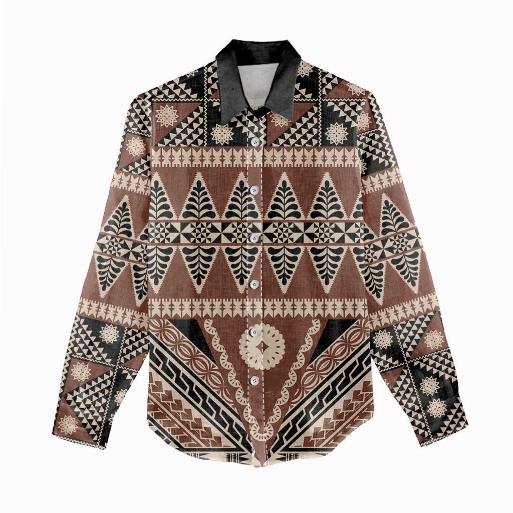 Vintage Bula Fiji Women Casual Shirt Brown Tapa Masi Motif