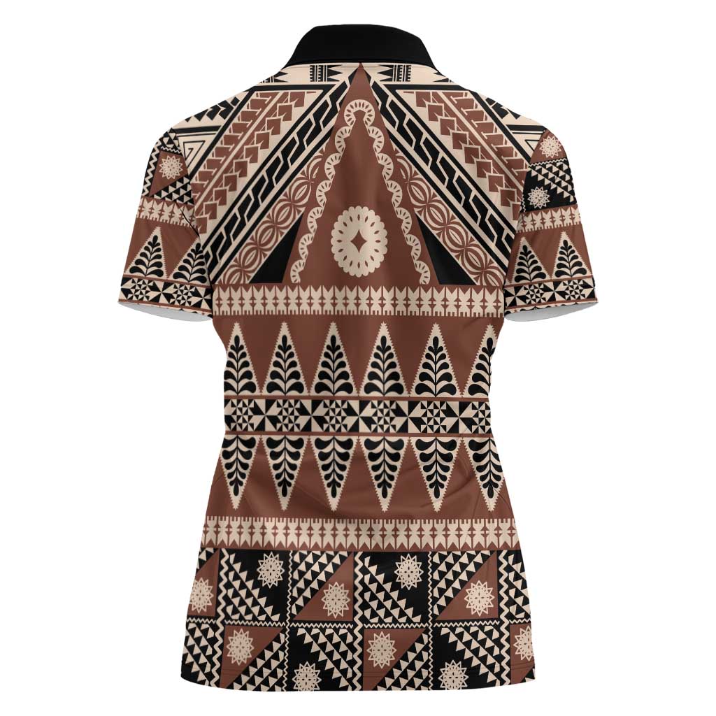 Vintage Bula Fiji Women Polo Shirt Brown Tapa Masi Motif