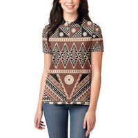 Vintage Bula Fiji Women Polo Shirt Brown Tapa Masi Motif