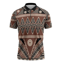 Vintage Bula Fiji Zipper Polo Shirt Brown Tapa Masi Motif - Polynesian Pride