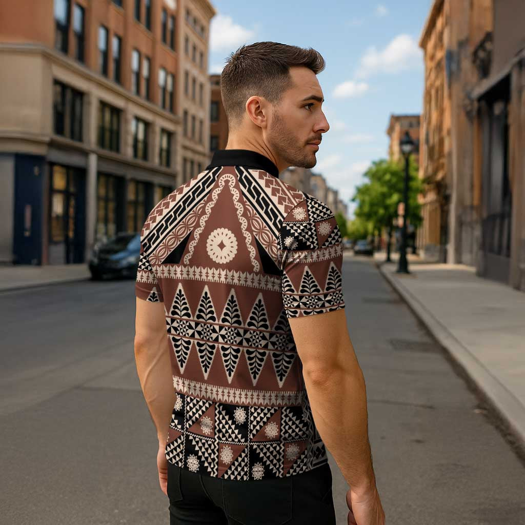 Vintage Bula Fiji Zipper Polo Shirt Brown Tapa Masi Motif - Polynesian Pride