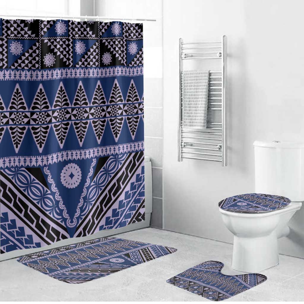 Vintage Bula Fiji Bathroom Set Prussian Blue Tapa Masi Motif - Polynesian Pride