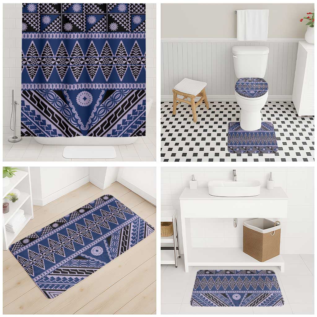Vintage Bula Fiji Bathroom Set Prussian Blue Tapa Masi Motif - Polynesian Pride