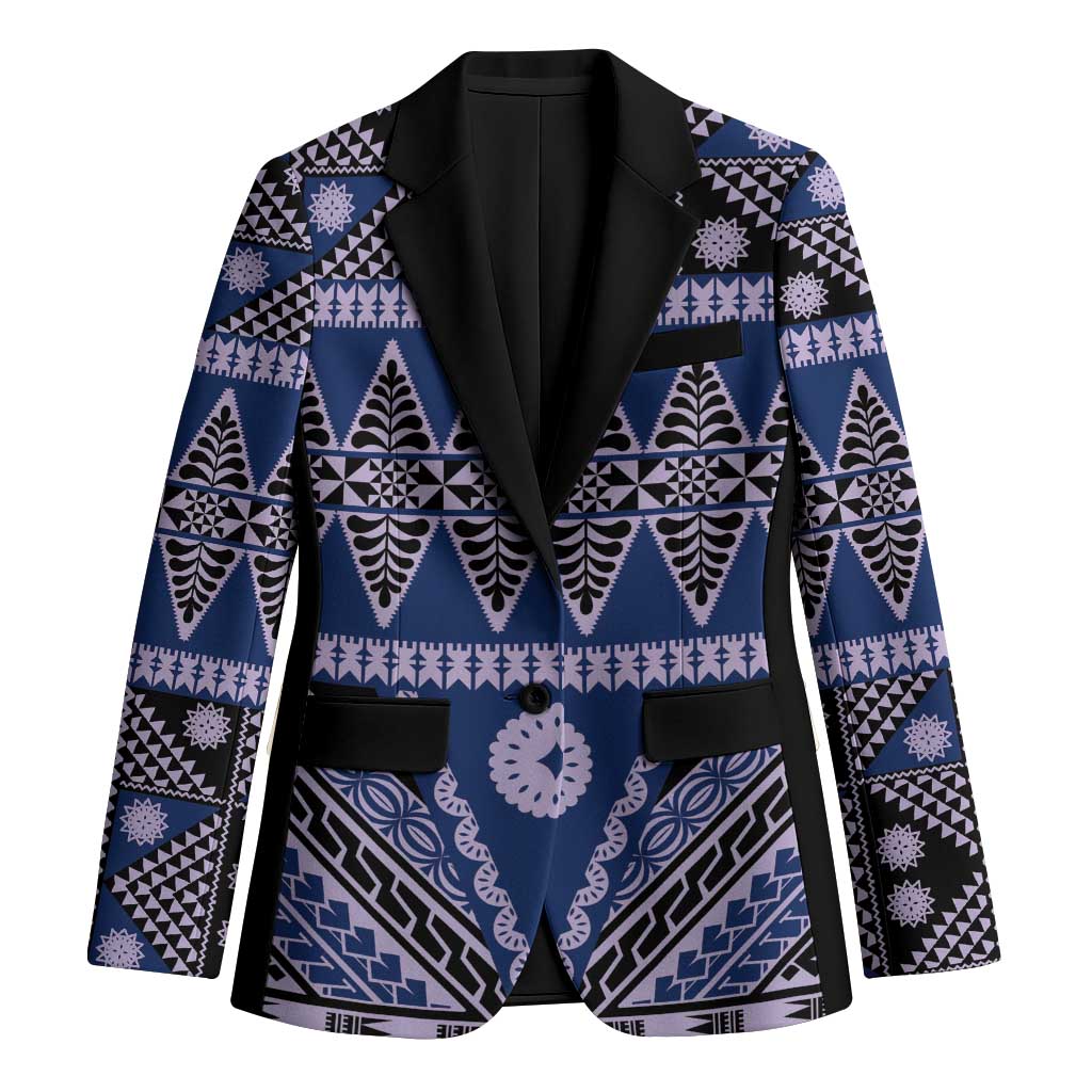 Vintage Bula Fiji Blazer Prussian Blue Tapa Masi Motif LT9 Unisex Blue - Polynesian Pride