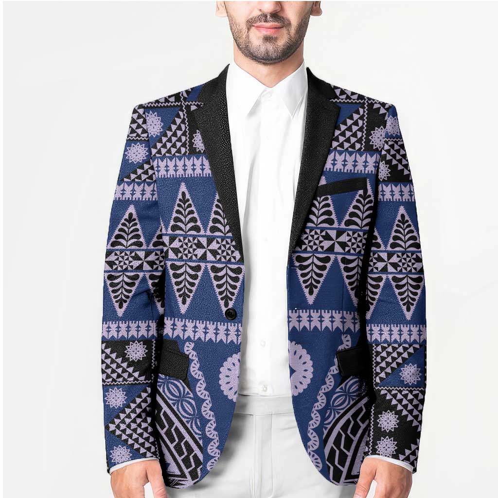 Vintage Bula Fiji Blazer Prussian Blue Tapa Masi Motif LT9 - Polynesian Pride