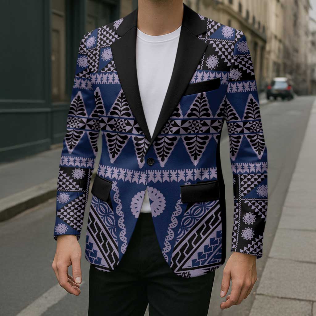 Vintage Bula Fiji Blazer Prussian Blue Tapa Masi Motif LT9 - Polynesian Pride
