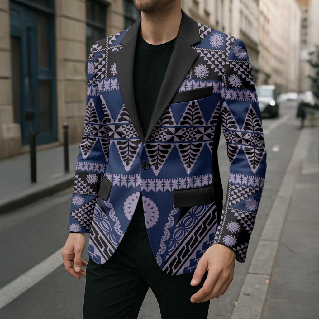 Vintage Bula Fiji Blazer Prussian Blue Tapa Masi Motif LT9 - Polynesian Pride