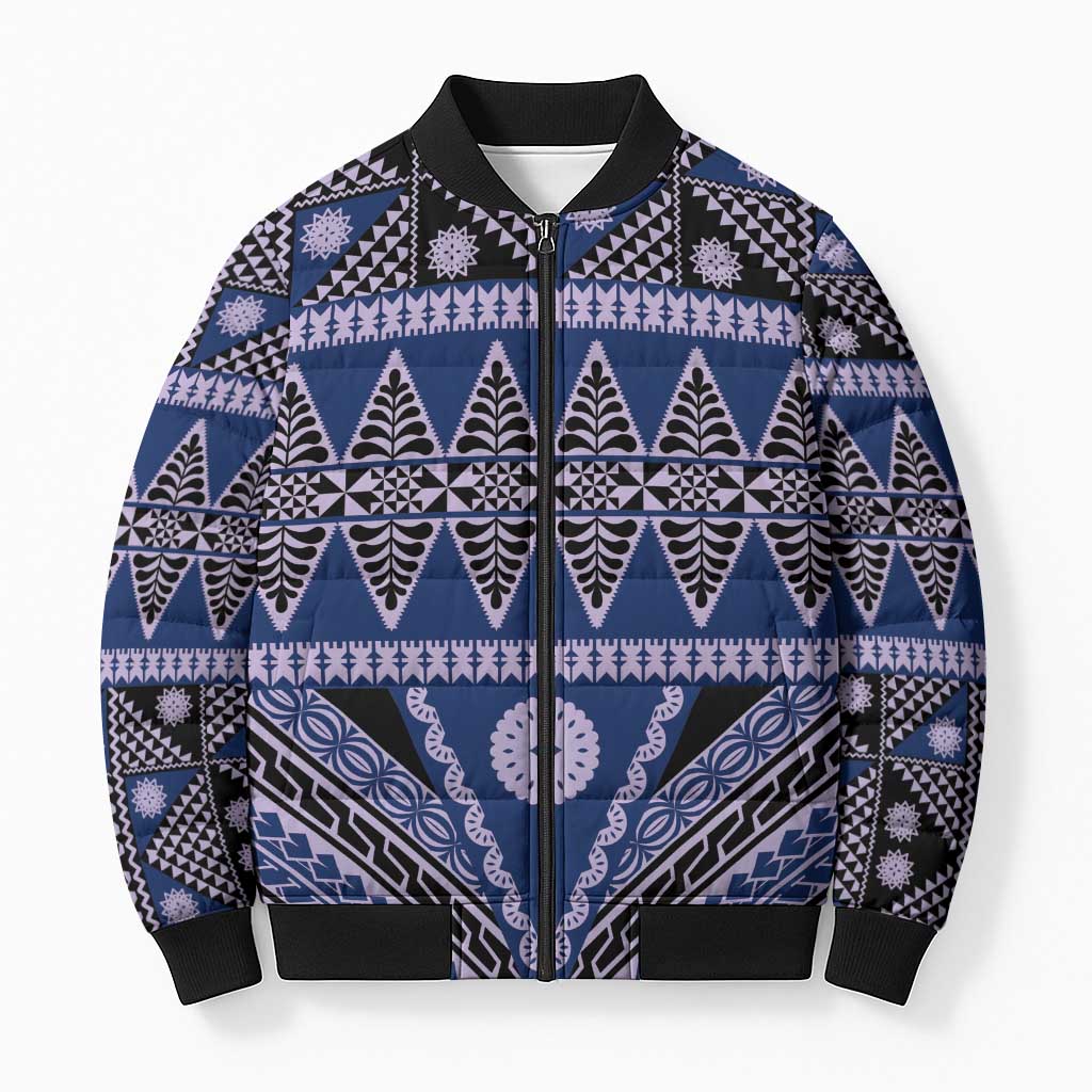 Vintage Bula Fiji Bomber Puffer Jacket Prussian Blue Tapa Masi Motif - Polynesian Pride