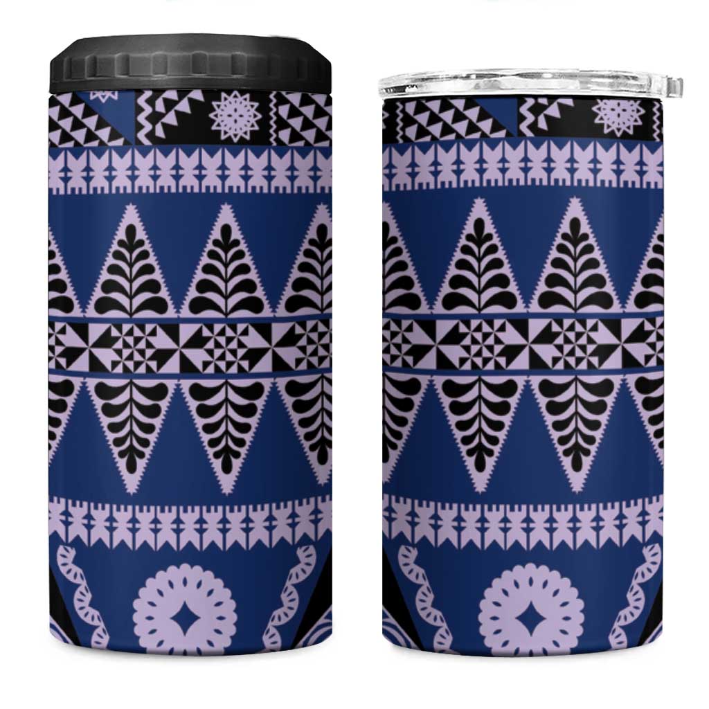 Vintage Bula Fiji 4 in 1 Can Cooler Tumbler Prussian Blue Tapa Masi Motif LT9 One Size: 16 oz Blue - Polynesian Pride