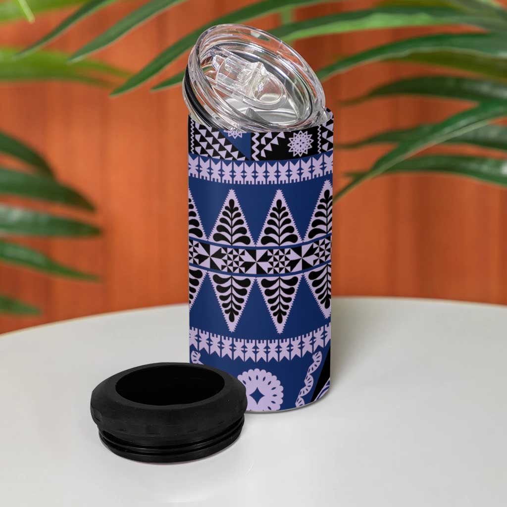 Vintage Bula Fiji 4 in 1 Can Cooler Tumbler Prussian Blue Tapa Masi Motif LT9 - Polynesian Pride