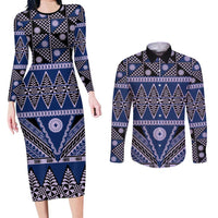 Vintage Bula Fiji Couples Matching Long Sleeve Bodycon Dress and Long Sleeve Button Shirt Prussian Blue Tapa Masi Motif