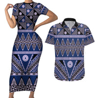 Vintage Bula Fiji Couples Matching Short Sleeve Bodycon Dress and Hawaiian Shirt Prussian Blue Tapa Masi Motif