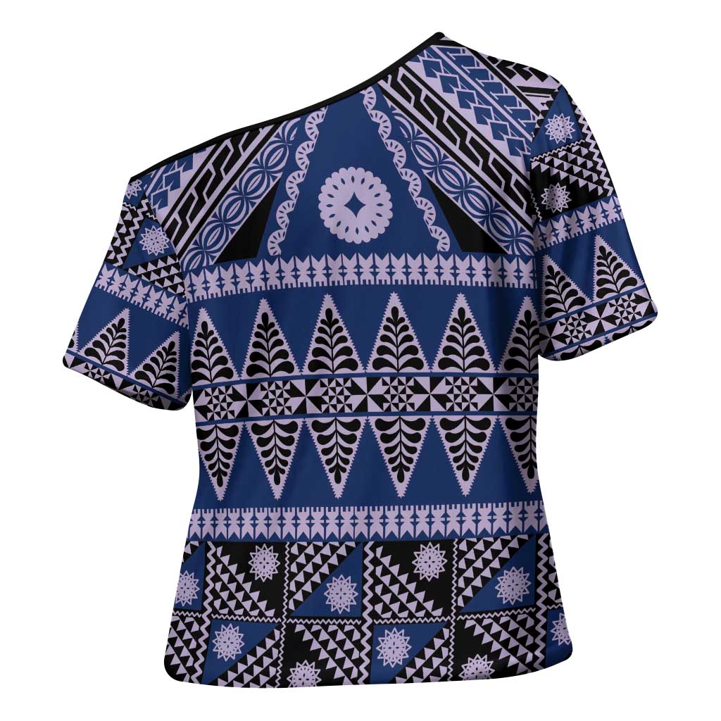 Vintage Bula Fiji Cross Shoulder Shirt Prussian Blue Tapa Masi Motif - Polynesian Pride