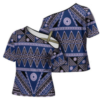 Vintage Bula Fiji Cross Shoulder Shirt Prussian Blue Tapa Masi Motif - Polynesian Pride