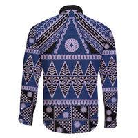 Vintage Bula Fiji Family Matching Off The Shoulder Long Sleeve Dress and Hawaiian Shirt Prussian Blue Tapa Masi Motif