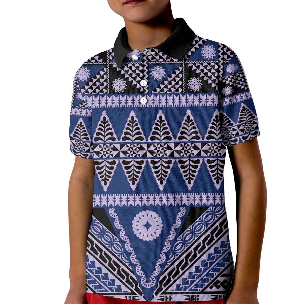 Vintage Bula Fiji Kid Polo Shirt Prussian Blue Tapa Masi Motif